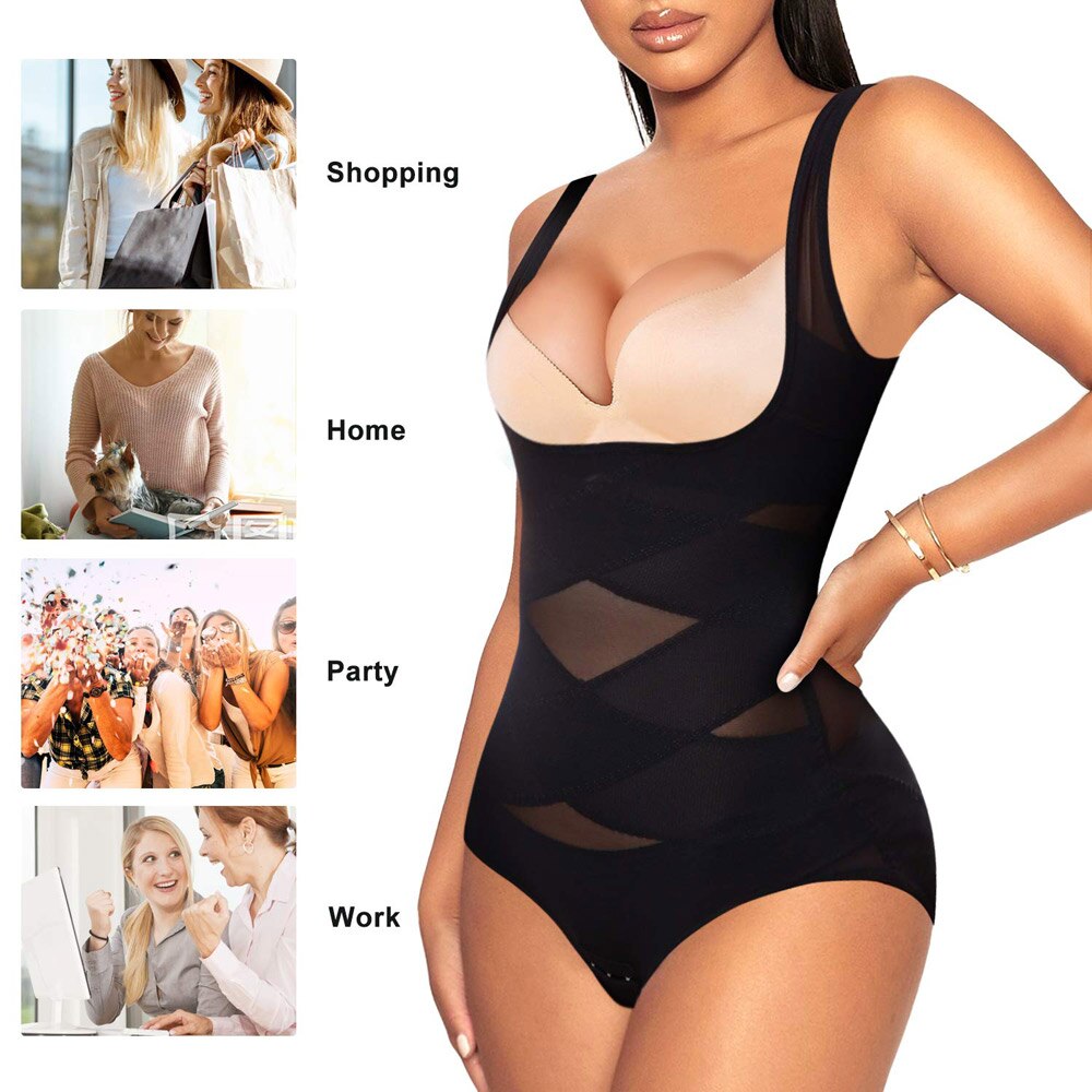 Mesh Criss-Cross Firm Control Shaping Bodysuit