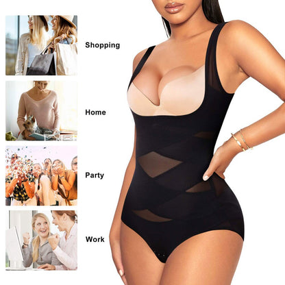 Mesh Criss-Cross Firm Control Shaping Bodysuit